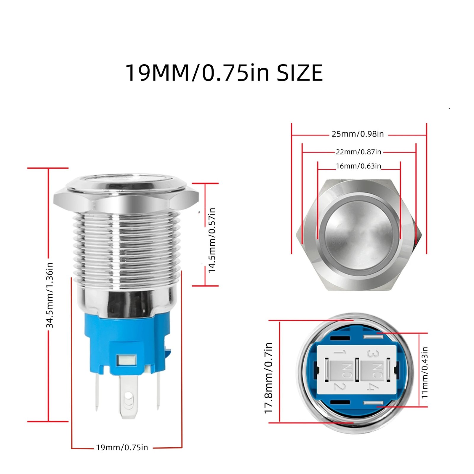 19mm Metal Push Button Switch - 3/6/12/24/110/220/230V Momentary or Latching On Off Switch 304 stainless steel - Image 2