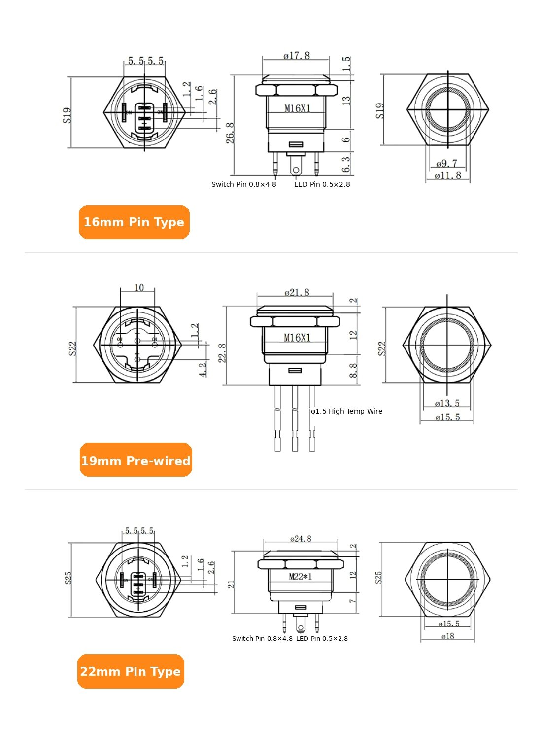 16mm 19mm 22mm short body metal push button switch dimensions