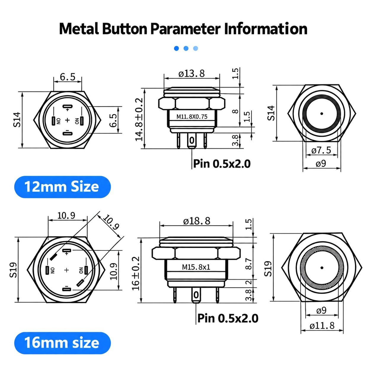 GQ short body metal push button switch dimensions 1