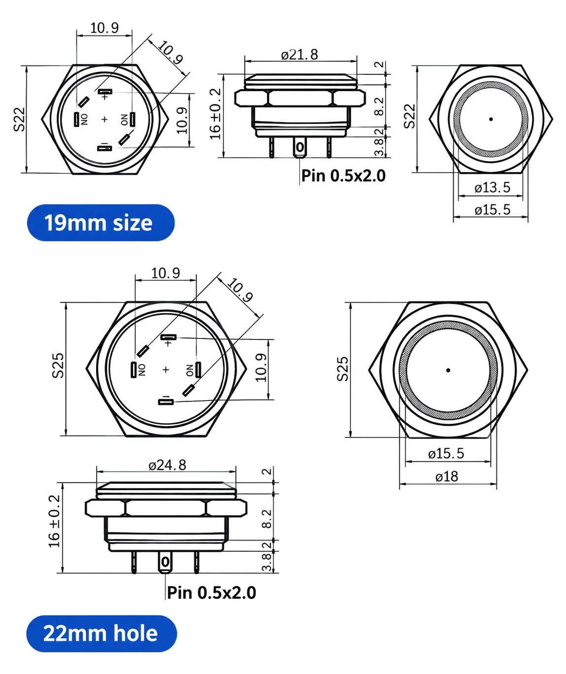 GQ short body metal push button switch dimensions 2