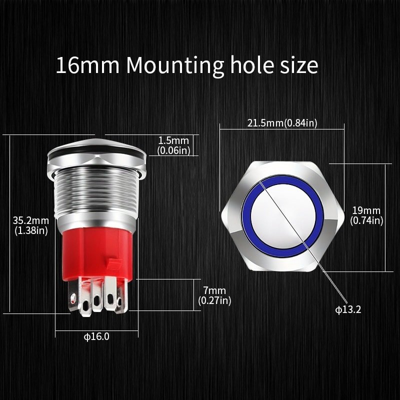 16mm metal push button switch dimensions
