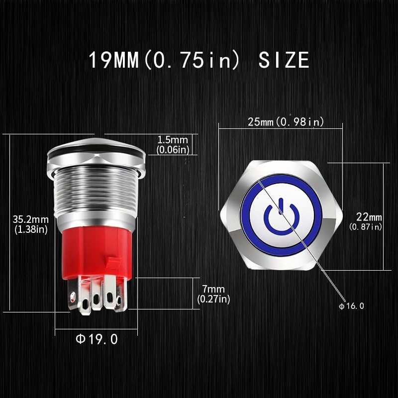 19mm metal push button switch dimensions