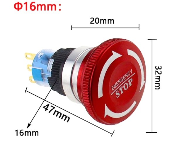 16mm emergency stop push button switch dimension