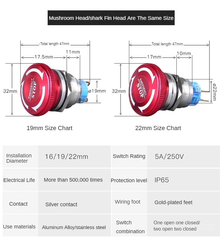 19mm 22mm mushroom head emergency stop switch dimensions