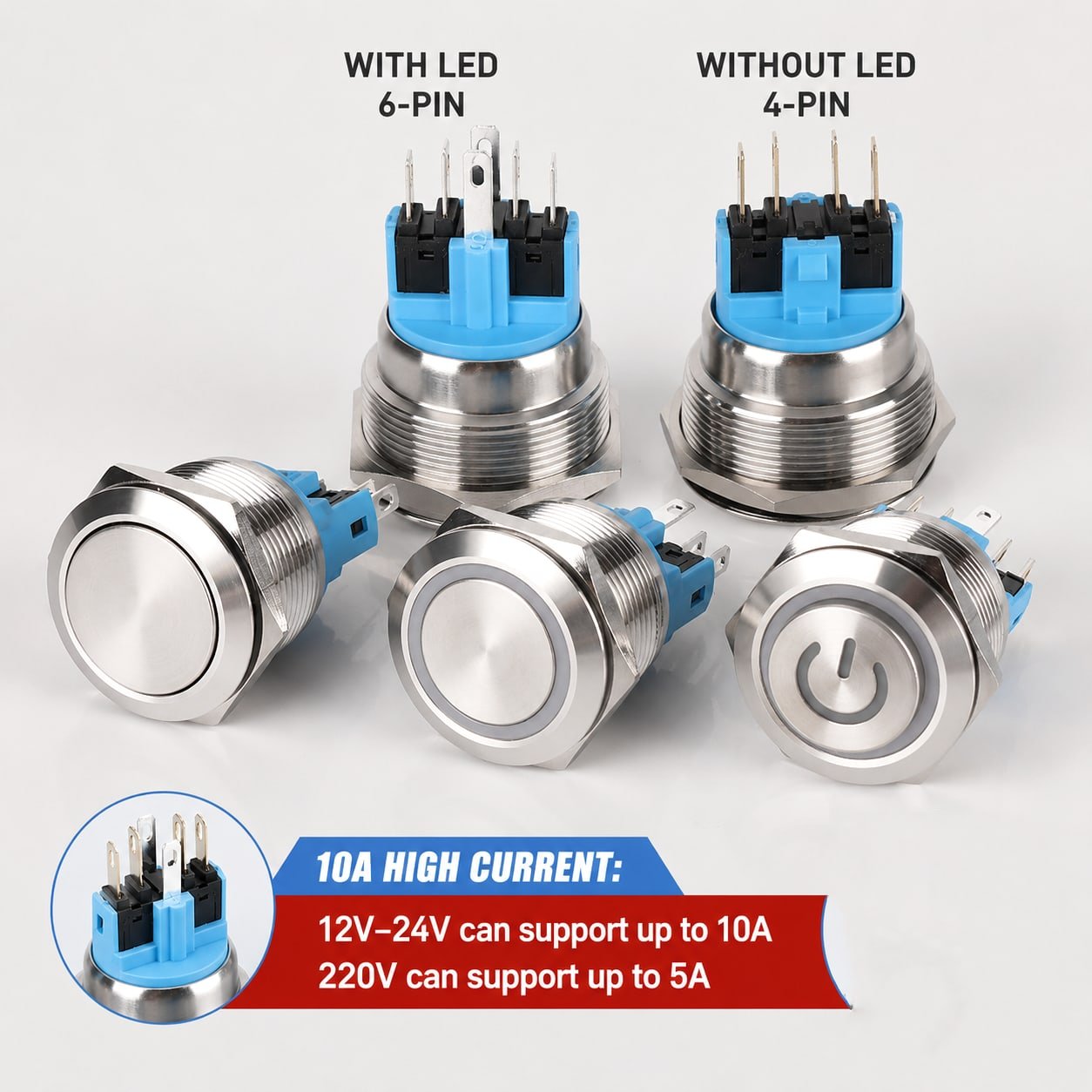 10A high current metal push button switch with LED 6 pin option