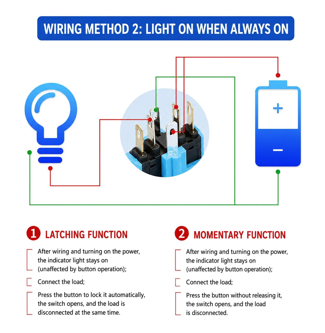 metal push button switch wiring method light always on