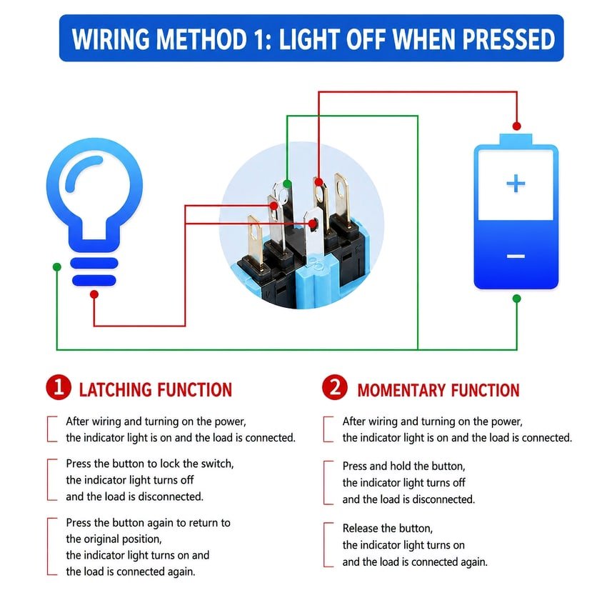 metal push button switch wiring method light off when pressed
