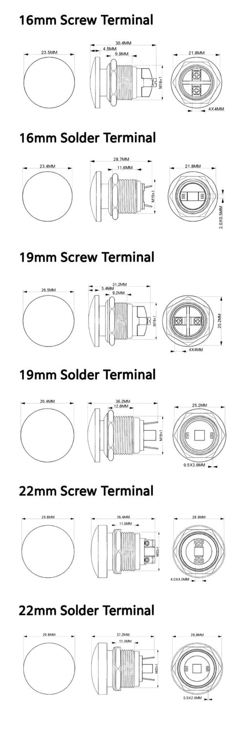 16mm 19mm 22mm mushroom head push button switch dimensions
