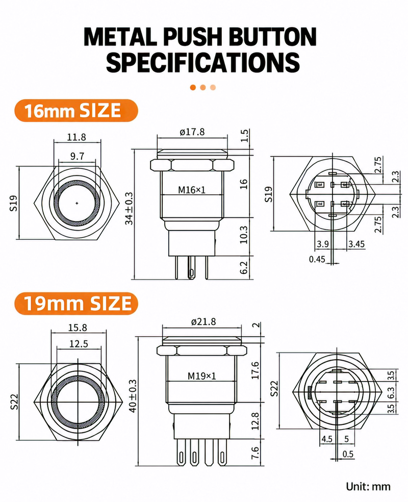 16mm 19mm 22mm metal push button switch dimensions
