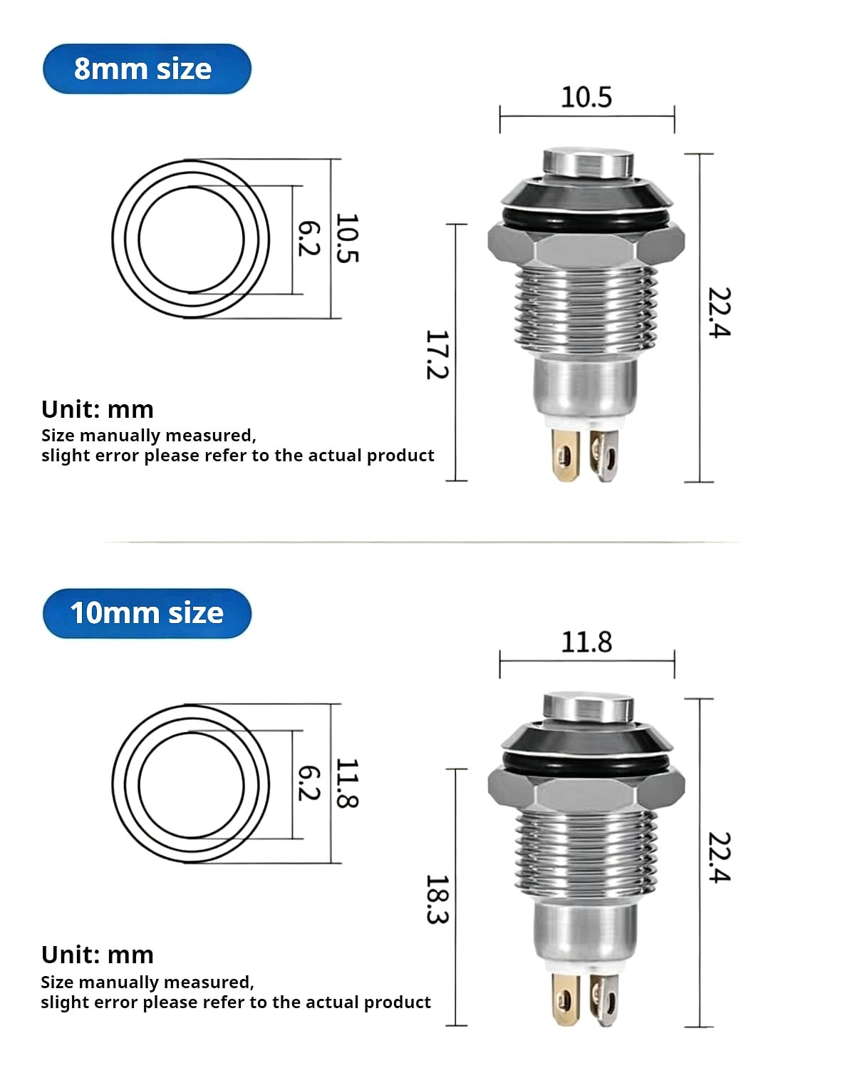 8mm 10mm mini metal push button switch dimensions