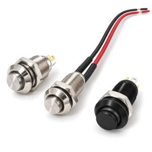 mini metal push button switch 8mm 10mm with solder terminals and optional pre wired leads